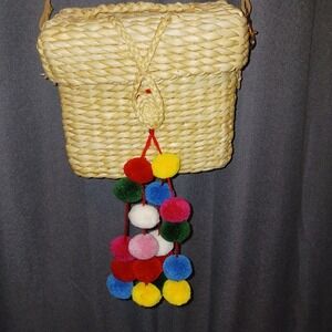 ModCloth Woven Straw Box Crossbody Bag with adjustable strap Colorful‎ Pom-Poms